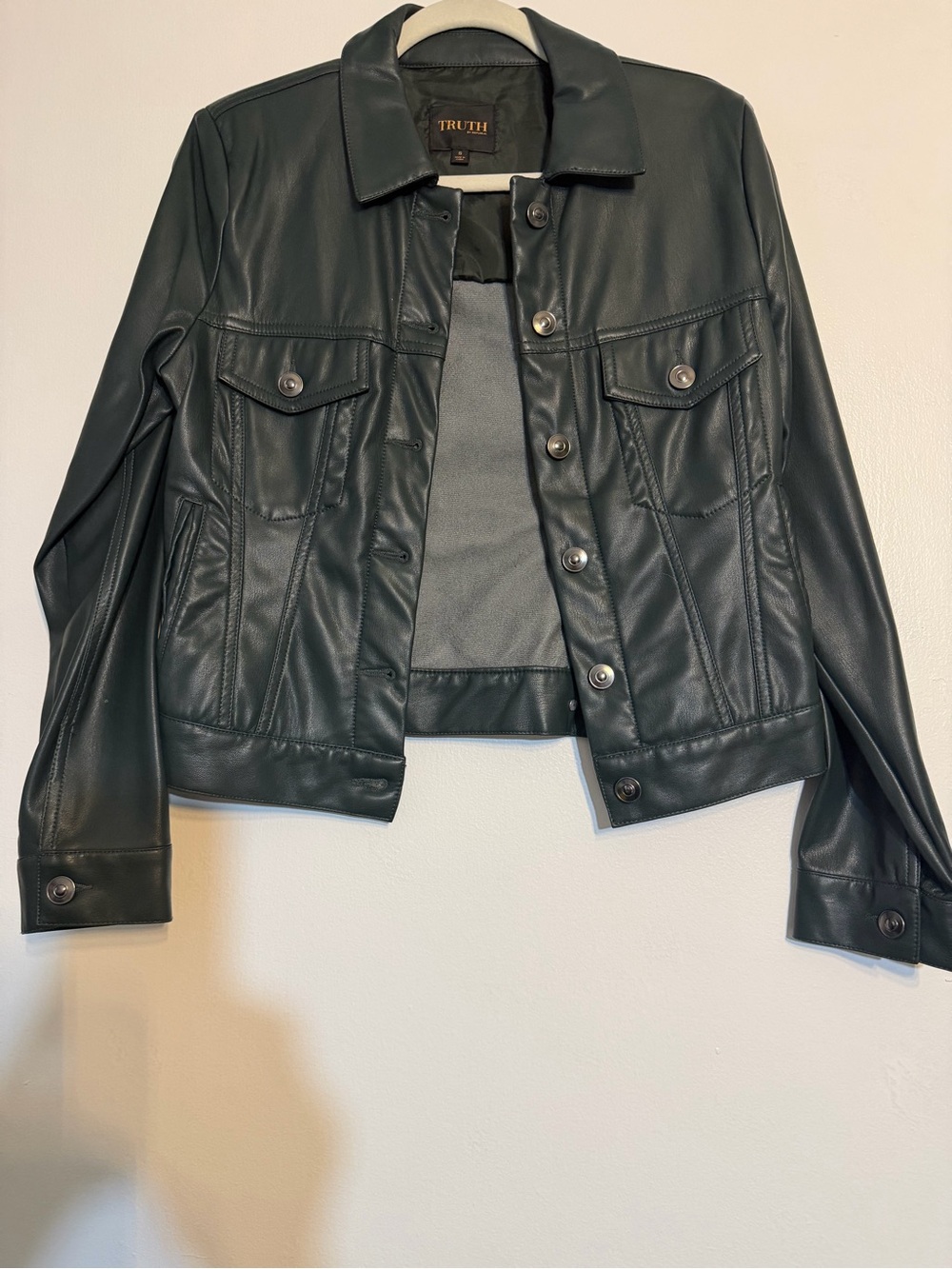 Truth Dark Green Faux Leather Jean Jacket
